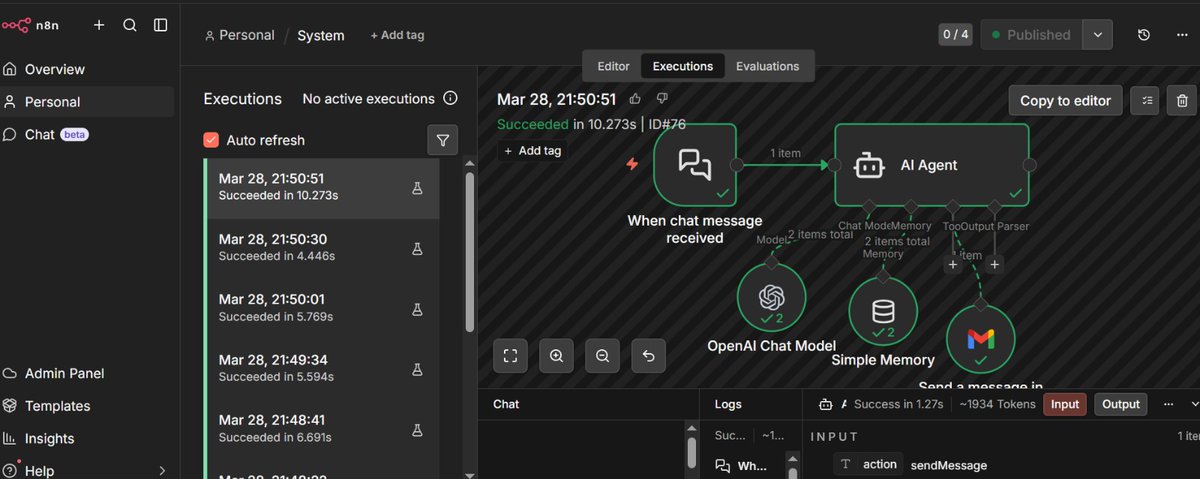 EmmySolves's tweet photo. Day 2: Built an AI Agent that receives, thinks, remembers, and replies automatically, all inside n8n ⚡

This isn’t just a chatbot… it’s automation on another level.
#AI #Automation https://t.co/1rRtt26a53