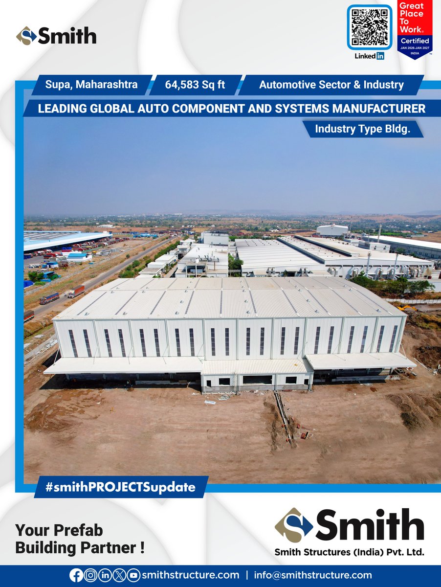 StructuresSmith's tweet photo. 🚧 #SmithPROJECTSupdate

We are proud to announce the successful completion of a Pre-Engineered Building (PEB) project by SSIPL for a leading global automotive component and systems manufacturer 

🔹 Project Type: Industrial Building – Automotive Sector https://t.co/nIpdoObwKJ