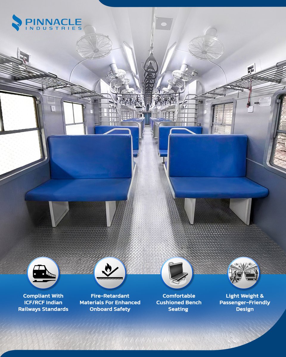 pinnacle_ind's tweet photo. Redefining suburban rail travel with Pinnacle Industries’ LWSCZ &amp; MEMU seating solutions.

Engineered for performance &amp; comfort, these ergonomically designed seats offer high durability, wider seating surface, enhanced passenger comfort, &amp;  for improved efficiency. https://t.co/39Ms7sZaDr