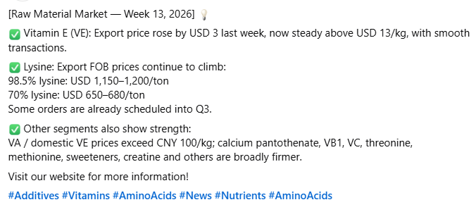 NutrientChina's tweet image. [Raw Material Market — Week 13, 2026] 💡

Visit our website for more information!

#Additives #Vitamins #AminoAcids #News #Nutrients #AminoAcids