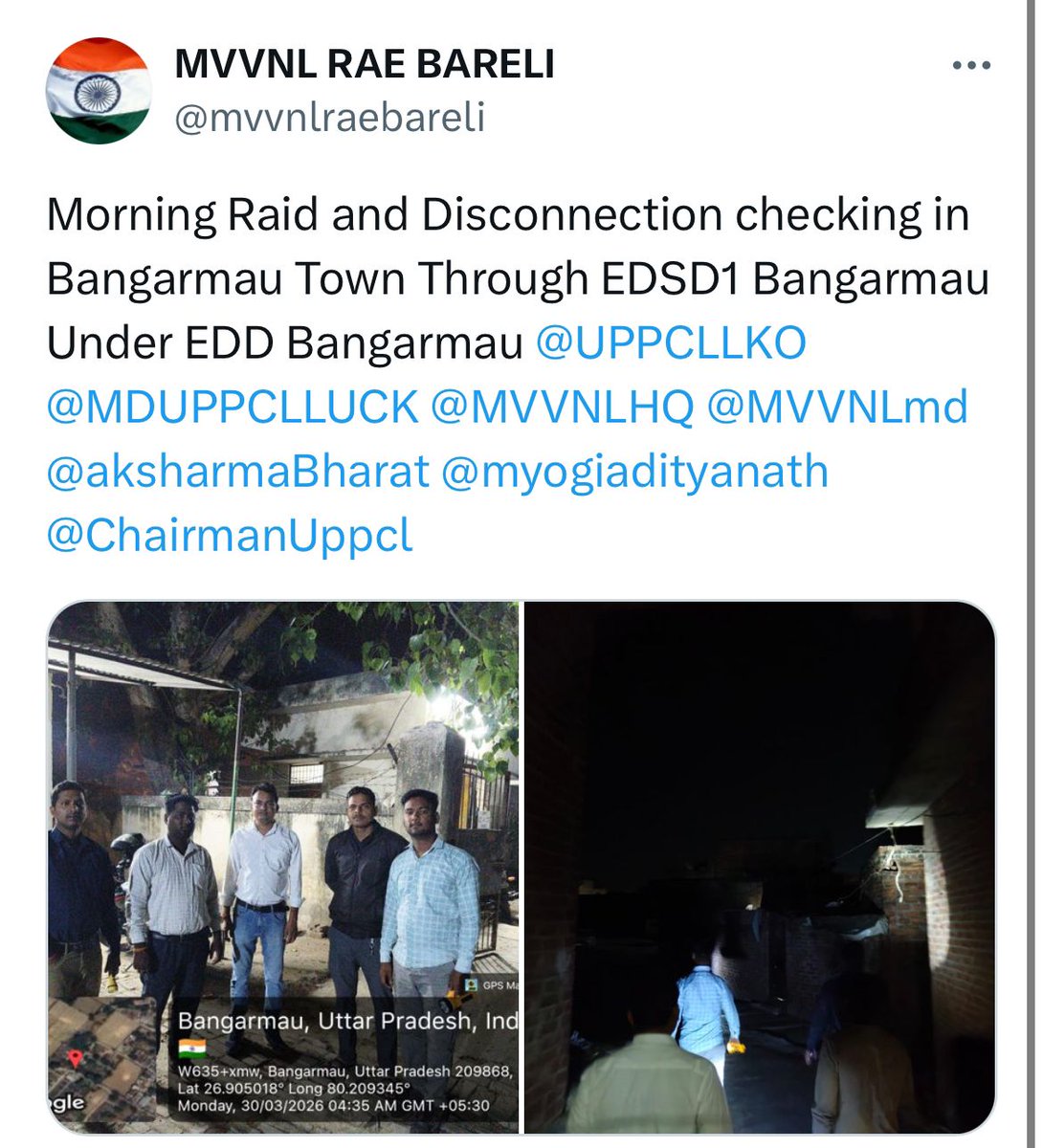 UPPCLLKO's tweet photo. बिजली चोरी पर रोक लगाने के लिए विभागीय टीमों द्वारा #मॉर्निंग_रेड की कार्रवाई की जा रही है। उपभोक्ताओं से अनुरोध है कि वैध कनेक्शन लेकर बिजली का उपभोग करें और जिम्मेदार नागरिक बनें।
#UPPCL #UPPCLNextGen
@CMOfficeUP
@EMofficeUP
@aksharmaBharat
@mduppcl https://t.co/nSzSdvxEw0