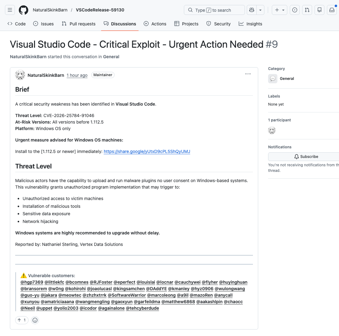 the_yellow_fall's tweet image. Beware of "Critical Vulnerability" alerts on GitHub. A 2026 scam uses fake VS Code updates and Google Drive redirects to harvest developer system telemetry.

#GitHub #VSCode #CyberSecurity2026 #DevSecOps #PhishingAlert #DeveloperSafety #Infosec
meterpreter.org/the-trust-trap…