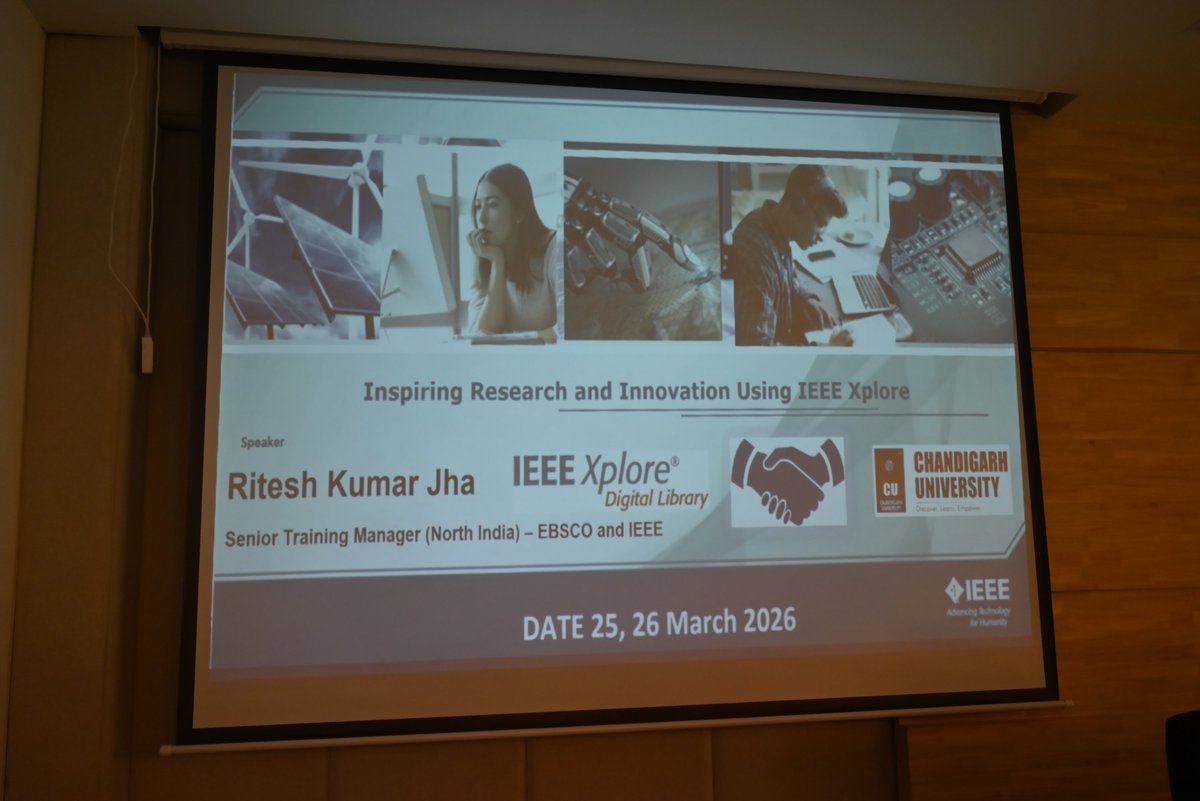 KnowledgeResou5's tweet photo. Glimpses of IEEE Database Training | CU Library 📚

KRC, Chandigarh University organized the IEEE ASPP Online &amp; POP All Training on 25–26 March 2026. 
Sessions by Mr. Ritesh Kumar Jha covered advanced search, ethical use &amp; research enhancement.

#IEEE #CULibrary #ResearchSupport https://t.co/fKpPUAlhwJ