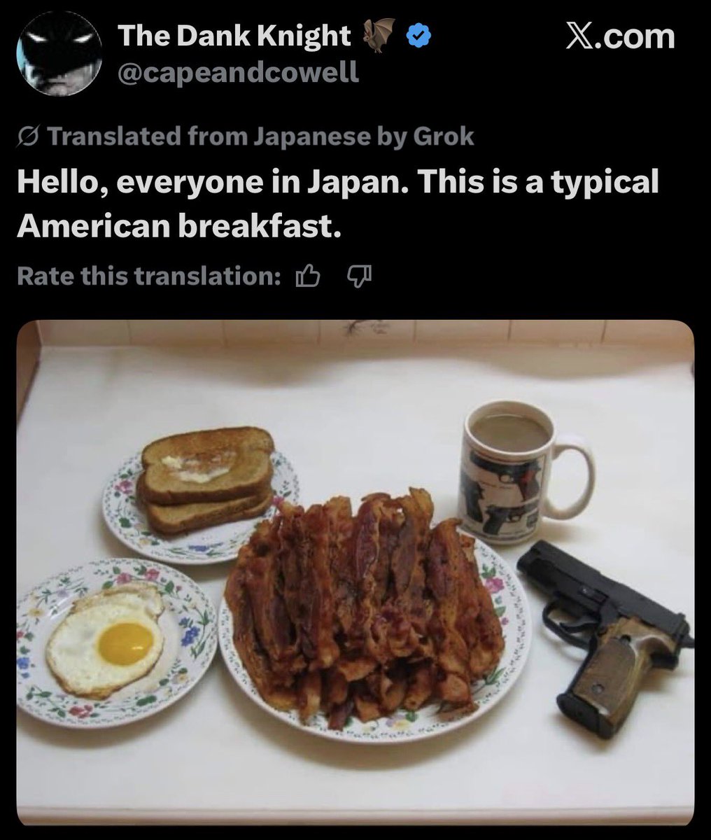 Dear Japanese people:

Do not believe this false propaganda

There should be a gun on the LEFT AND RIGHT side—both facing outward so you can instantly dual-wield and defend the bacon against any attempts at “equal distribution”

The egg belongs to the right of the rightmost gun