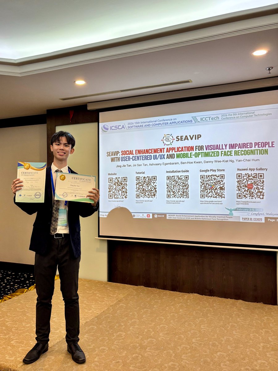 UTARnet's tweet image. UTAR PhD candidate Tan Jing Jie wins Best Presenter at ICCTech 2026, Langkawi, showcasing impactful AI-driven assistive innovation that advances inclusive, real-world solutions and reflects UTAR’s strong research excellence and global relevance.

#UTAR #ResearchExcellence