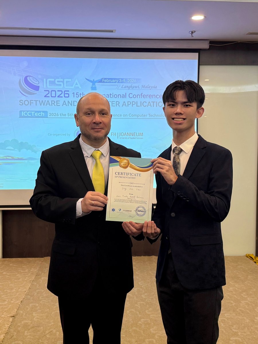 UTARnet's tweet image. UTAR PhD candidate Tan Jing Jie wins Best Presenter at ICCTech 2026, Langkawi, showcasing impactful AI-driven assistive innovation that advances inclusive, real-world solutions and reflects UTAR’s strong research excellence and global relevance.

#UTAR #ResearchExcellence