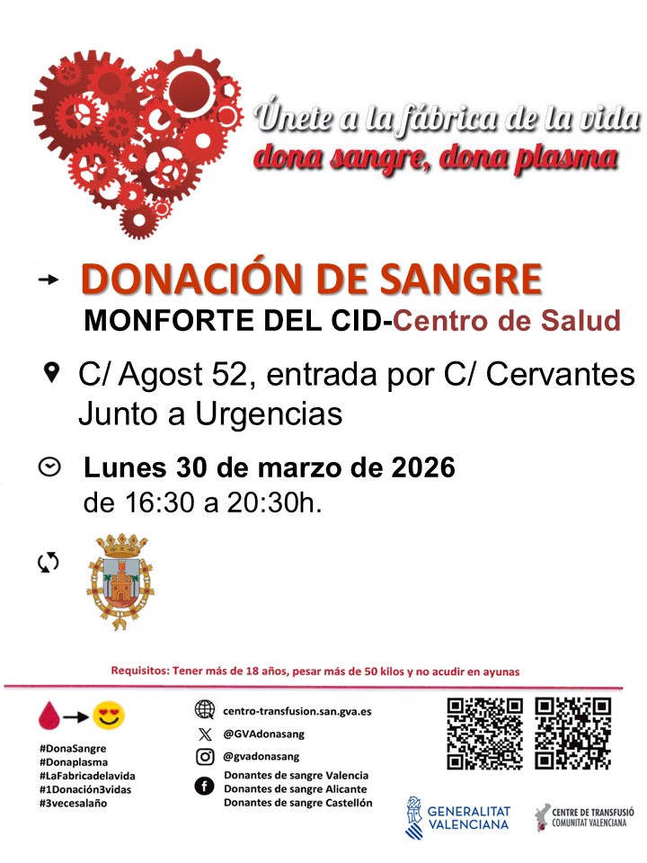 GVAdonasang's tweet image. Dona sang en #MonfortedelCid
📅Dilluns #30Març 

La vida de molts malalts depén de transfusions de sang periòdiques.👉La teua col·laboració també és necessària durant esta #SetmanaSanta 

#DonaSang #CompartixVida🩸