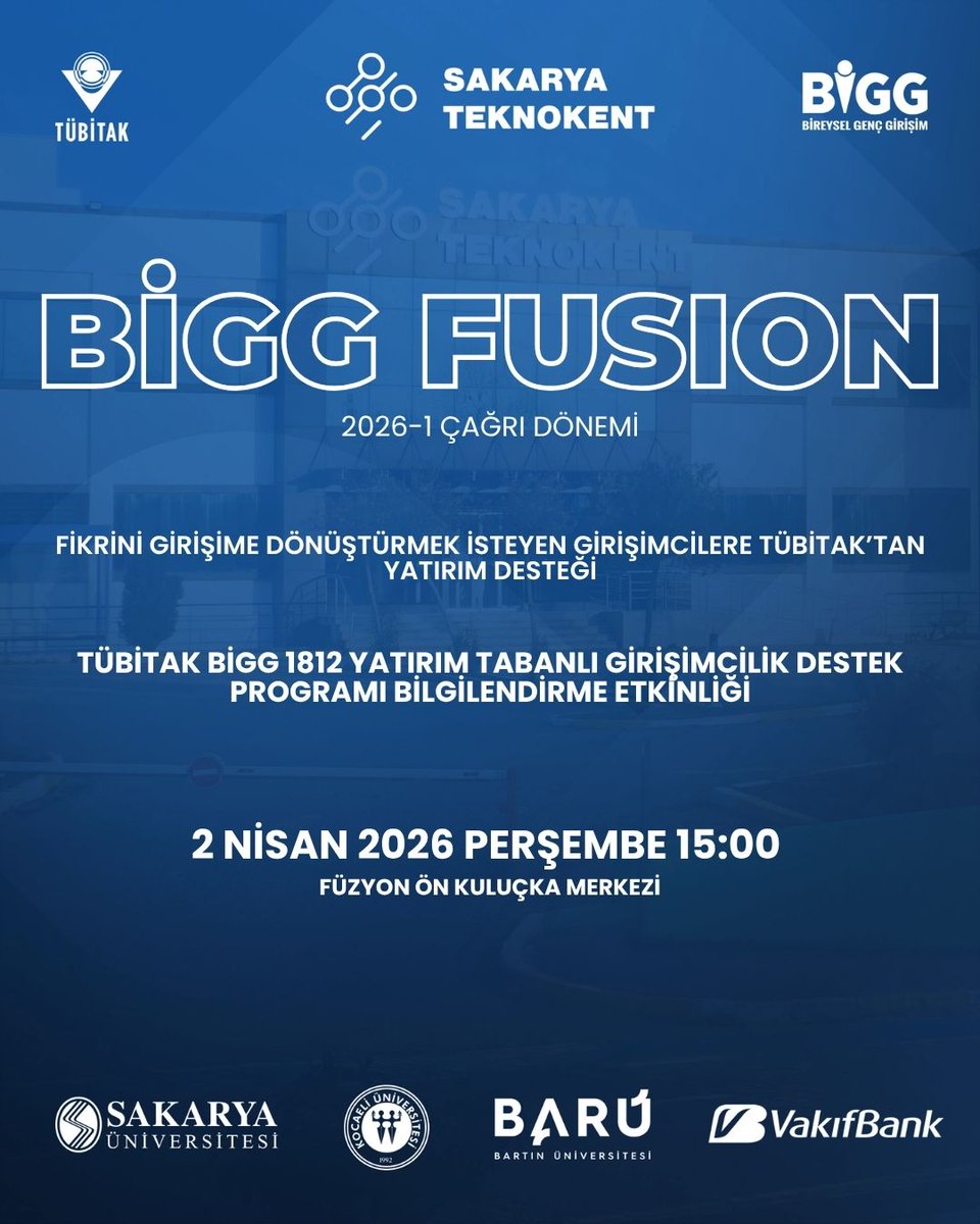 📢 TÜBİTAK BİGG 1812 – BİGGFUSION 2026-1 Çağrı Dönemi

Yatırım Tabanlı Girişimcilik Destek Programı Bilgilendirme Etkinliği

Etkinlik Kayıt Formu 👇
jotform.com/form/535434649…