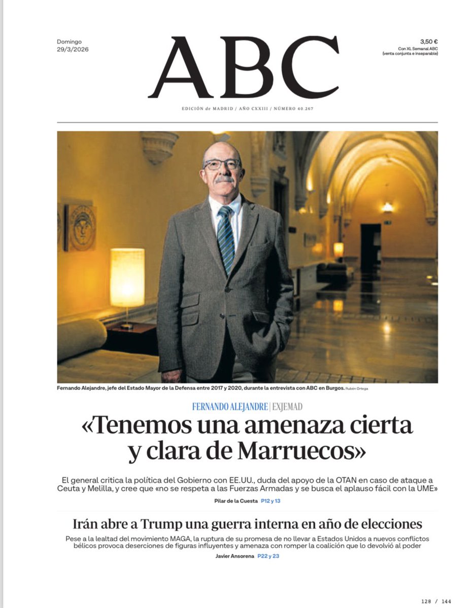"Tenemos [en #España] una amenaza cierta y clara de #Marruecos", afirma el general Fernando Alejandre, exjefe de Estado Mayor de la Defensa, en una entrevista con el diario <a href="/abc_es/">ABC.es</a>. "Estoy seguro de que es la amenaza a la que mis compañeros en activo dedican mayor atención, como