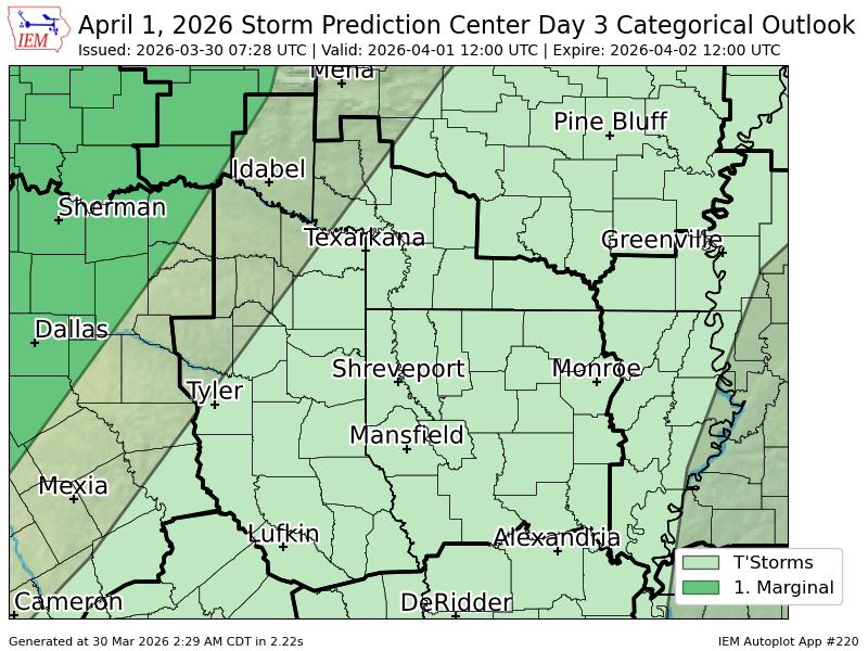 #SPC issues Day 3 Marginal Convective Risk at Mar 30, 7:28z for SHV spc.noaa.gov/products/outlo…