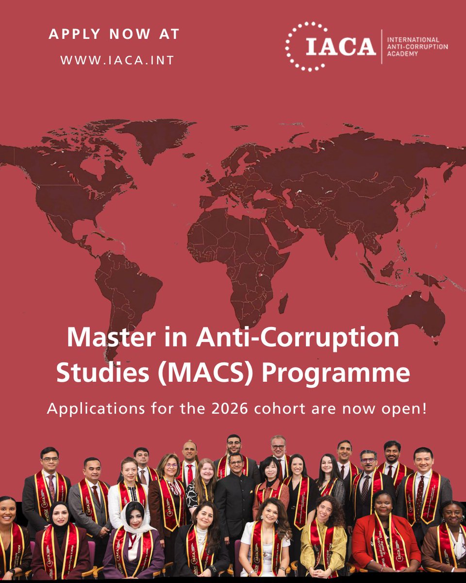 IACA_Academy's tweet photo. 📢 Apply now - Applications are open for the Master in Anti-Corruption Studies (MACS) programme for self-payers and scholarship applications!

💡For more information, contact admissions@iaca.int and visit our website here: https://t.co/a5DGdbAG2n 

#IACAImpact #MastersProgramme #AntiCorruption #IACA #collectiveaction #mastersdegree #professionaldevelopment #publicsector #MACS