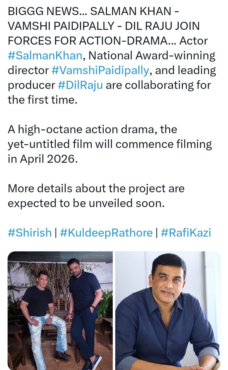SiddhantShiv3's tweet photo. Exclusive!!!
Salman Khan Salman khan ....
Raor start now the new upcoming movie 🎥 💯🔥🔥🔥 #Dilraju
#Salmankhan 
#SalmanKhanVamshiFilm
#matarbhumi https://t.co/WkyRbvIcgS