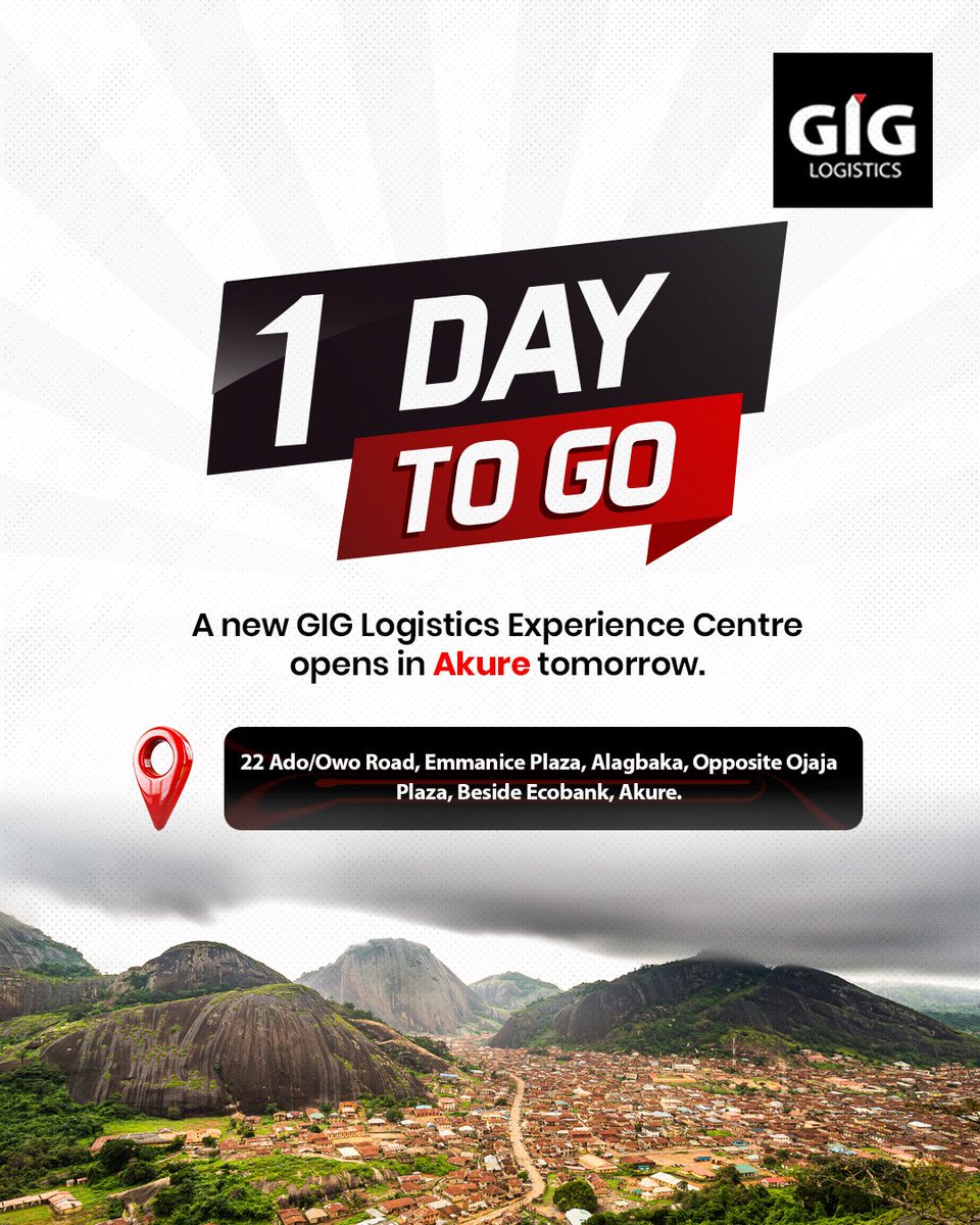 GiGLogistics's tweet image. Akure, your new GIG Logistics Experience Centre opens tomorrow.

Find us at 22 Ado/Owo Road, Emmanice Plaza, Alagbaka, Opposite Ojaja Plaza, Beside Ecobank, Akure.

We’ll be waiting for you.

#GIGLogistics #WeDeliver #GIGLAkure #ExperienceCentre