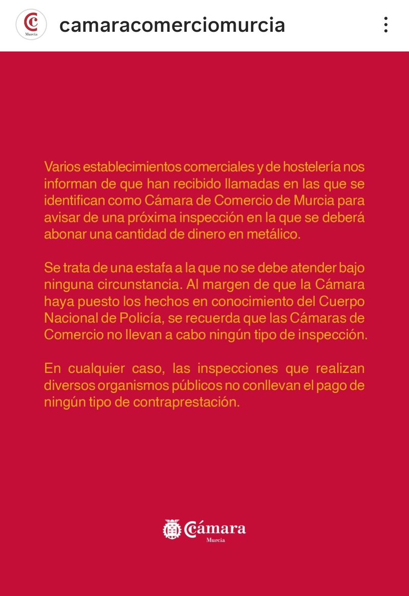 ⚠️ Atención comerciantes! 
<a href="/camaramurcia/">Cámara de Murcia</a> alerta de esta estafa.
Si te llaman en nombre de la Cámara de Comercio y te piden dinero, no piques!!
