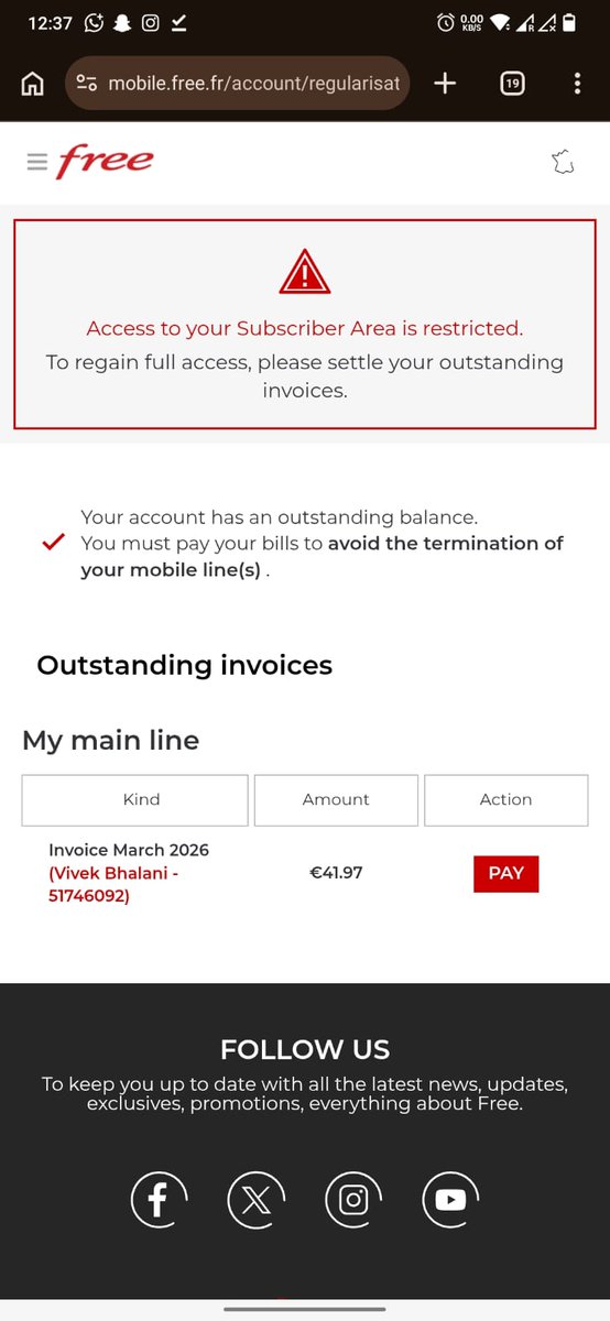 ItxKano's tweet image. @Freemobile URGENT — My line 0781246692 (ID: 51746092) and 2 friends' lines terminated wrongly. Invoice shows 9.99€ but you tried to debit 41.97€ (4 lines on my account). Store couldn't help. Please fix immediately. #FreeMobile #Litige @Xavier75 please look into it. line closed