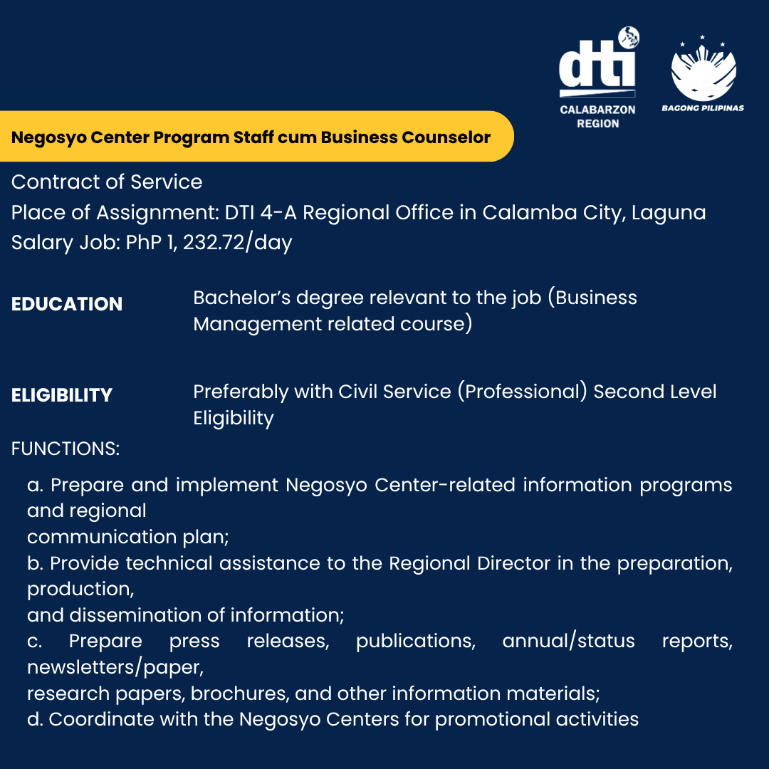 dticalabarzon's tweet photo. 𝐖𝐄 𝐀𝐑𝐄 𝐇𝐈𝐑𝐈𝐍𝐆! 

Deadline for submission of application with complete requirements is on April 9, 2026 to place of assignment where the position is vacant.

#iamDTIph #dti4a #dticalabarzon https://t.co/n2xLWrt9i1