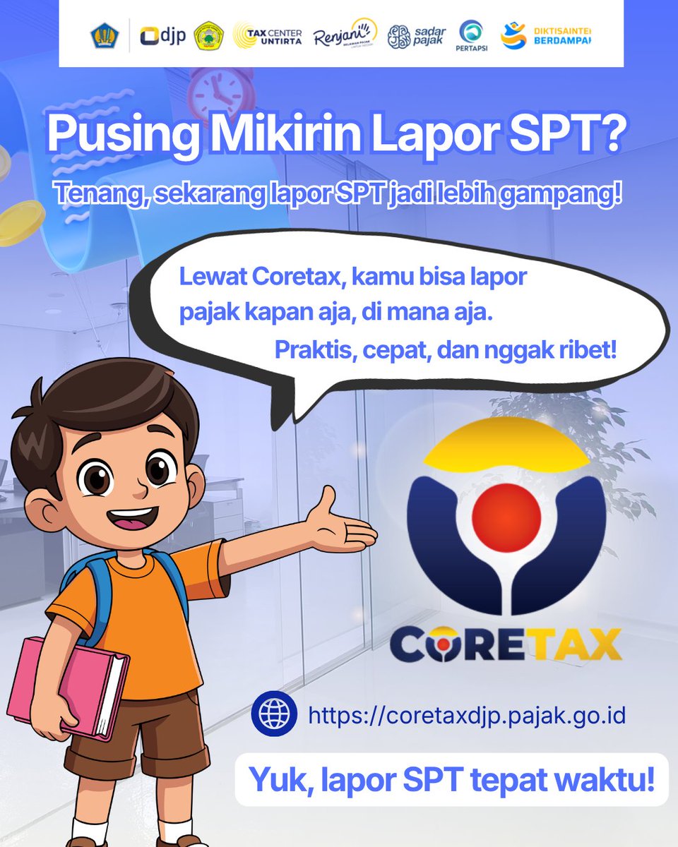scripsyy's tweet photo. “Pusing mikirin lapor SPT?” 🤯

Tenang, sekarang semuanya jadi lebih gampang!

Lewat Coretax, kamu bisa lapor SPT kapan aja dan di mana aja tanpa ribet. Tinggal akses, isi, dan selesai deh! 

Yuk lapor SPT tepat waktu, biar makin tenang ✨ https://t.co/iCOaeztsTM