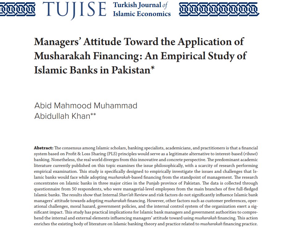 tujise's tweet photo. 🖊️The article entitled "Managers’ Attitude Toward the Application of Musharakah Financing: An Empirical Study of Islamic Banks in Pakistan" by Abid Mahmood Muhammad andAbidullah Khan published in TUJISE, 13/1.    

Read the full article: https://t.co/49CATtq5w6 https://t.co/KmEhozKhiz