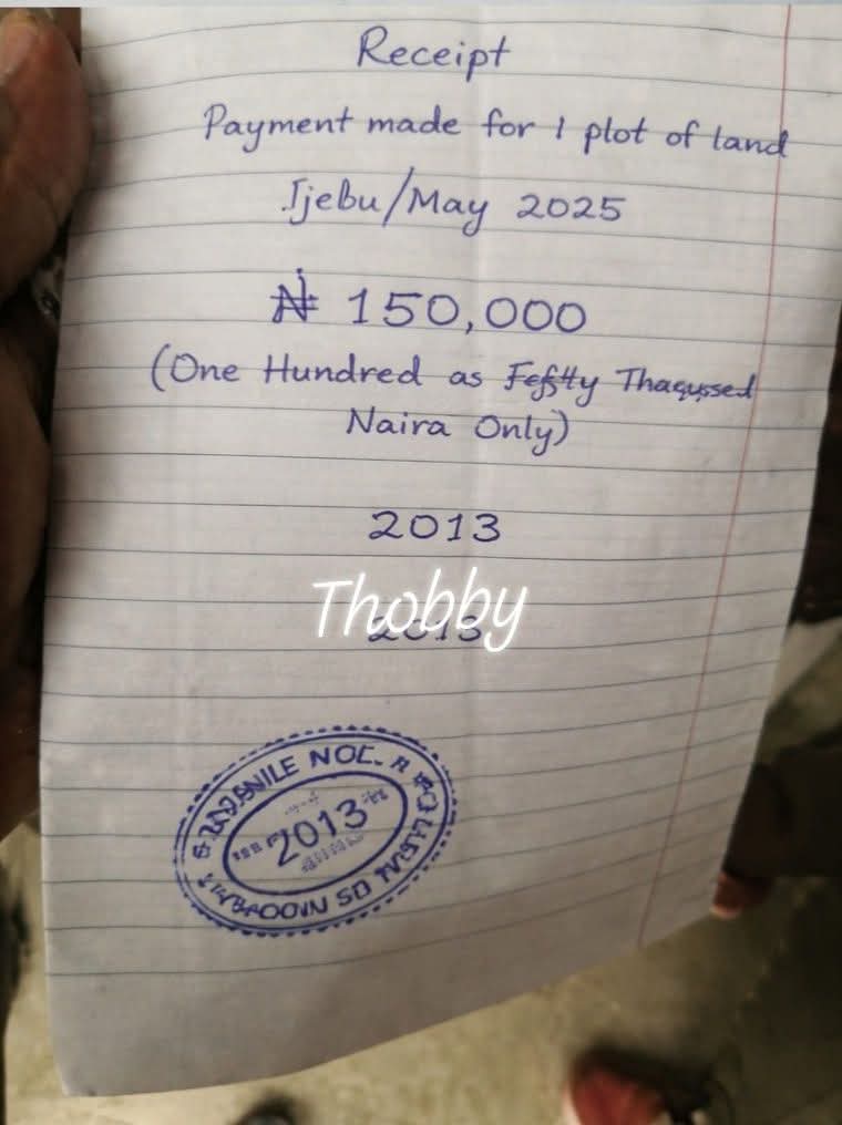TobiAjayi15's tweet photo. A man once told me how he bought a plot of land in Ijebu for ₦2M last year May.

After payment, they issued him a receipt of just ₦150K, and to make it worse, the receipt was backdated to 2013.

At that moment, he knew something wasn’t right.

He confronted them, but as you’d expect with some ọmọ onile, nothing changed.

Now, if you ever find yourself in this kind of situation, don’t panic, but don’t ignore it either.

This is what you should do ASAP👇🏾

First, get a proper Deed of Assignment prepared by your lawyer.
This document is more powerful than that receipt.

Make sure the actual amount you paid and the date you paid is clearly written on it, and all the rightful sellers (family representatives, not just one person) sign it.

That Deed becomes your real proof of ownership, not the suspicious receipt they gave you.

Next thing is to do a registered survey immediately.

When someone gives you a backdated receipt whenever you bought land, this mostly means they’re creating room to resell or dispute the land in future.

That’s why you don’t rely on receipt alone when buying land in Nigeria.

For any Real Estate consultation, reach out to me 🤝🏾