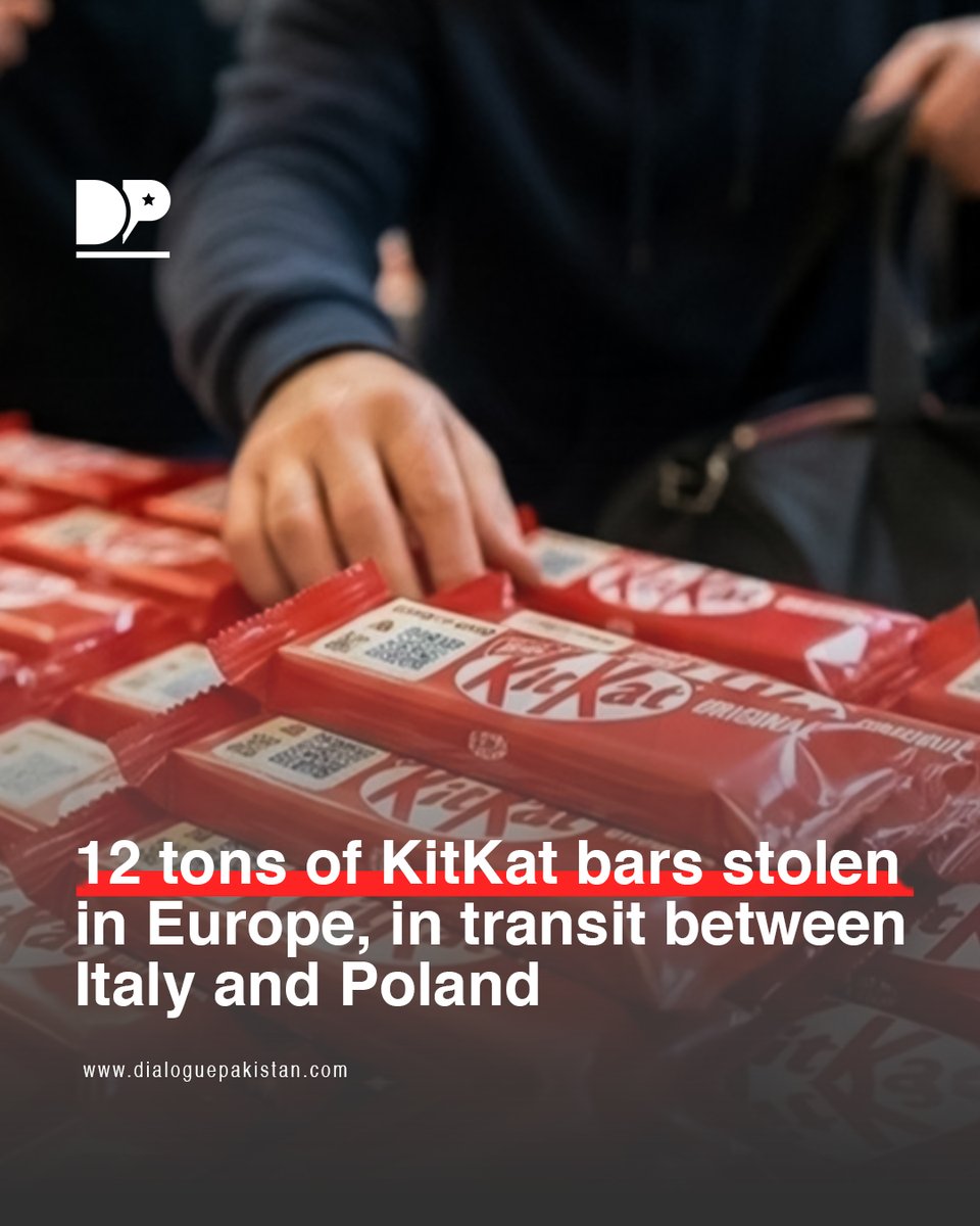 DialoguePak's tweet image. A staggering 12 tons of KitKat chocolate bars, totaling approximately 413,793 units, were stolen in Europe, and the truck carrying them is missing. The theft occurred somewhere between Italy and Poland, 

#DialoguePakistan #KitKat #Bars #Stolen #Europe #Transit #Italy #Poland