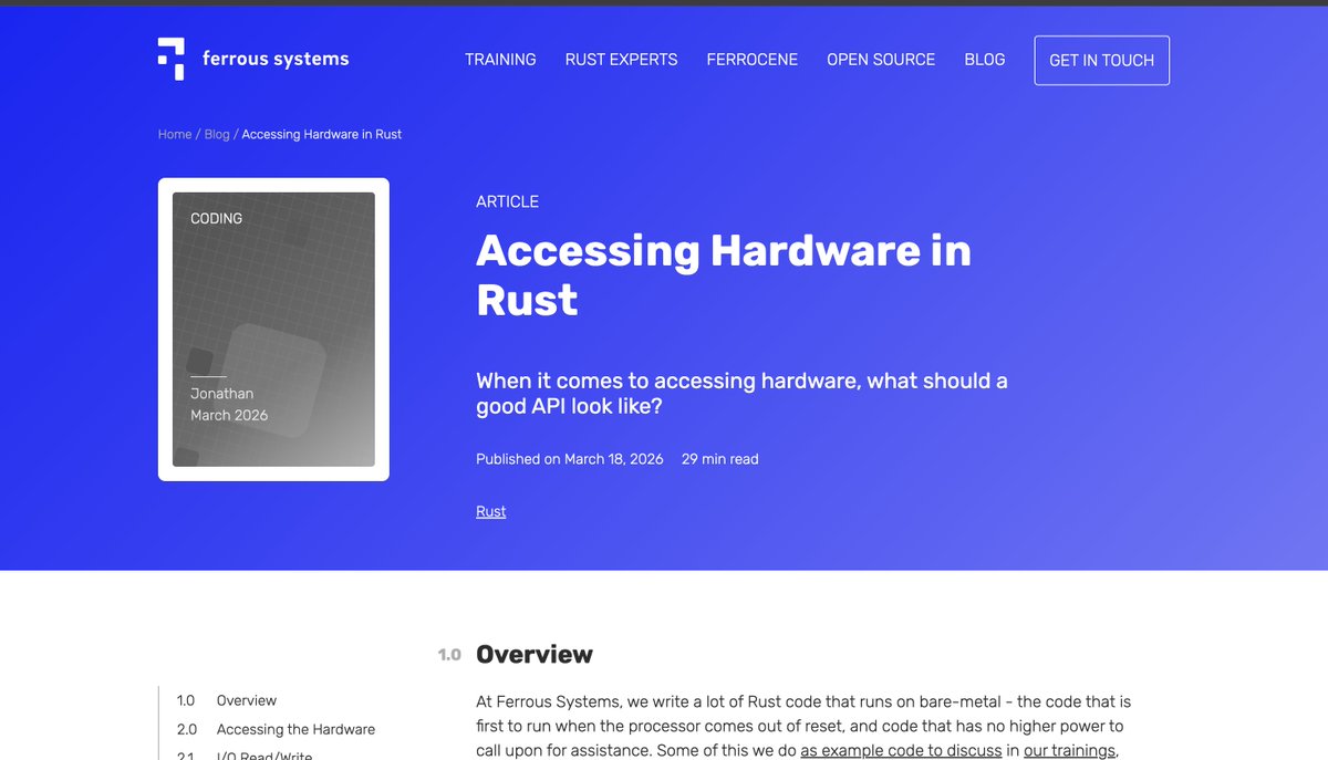 🦀 What does a good hardware API look like in Rust?

Ferrous Systems breaks it down from bare-metal boot to memory-mapped registers and why getting this right matters as embedded Rust grows. 🔩⚡

Great read if you work in systems or embedded 👇
ferrous-systems.com/blog/hardware-…

#Rust