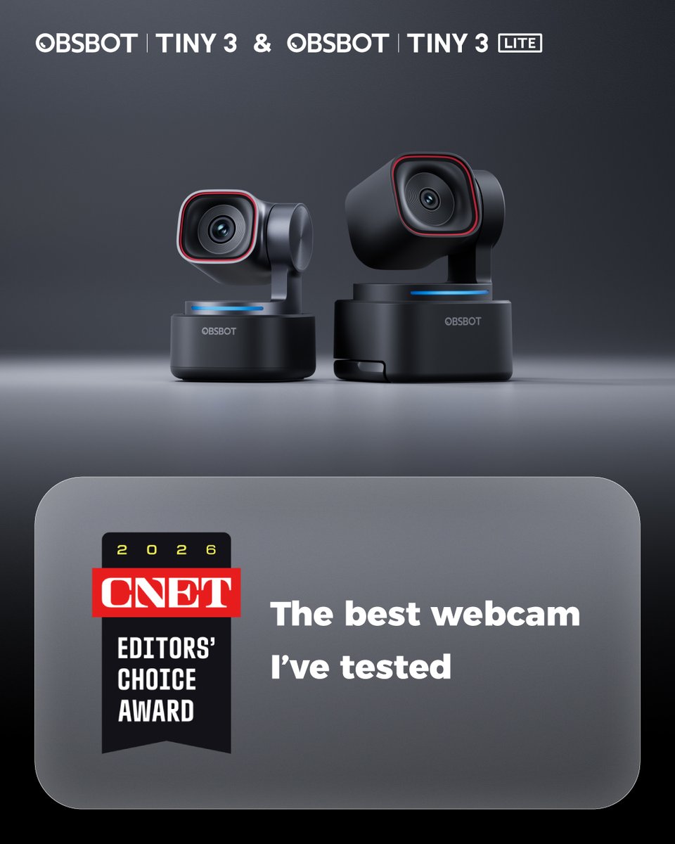 OBSBOT_Official's tweet image. Proud to see the Tiny 3 Series recognized by CNET as “the best webcam I’ve tested.”

The Tiny 3 Series is setting a new standard for 4K webcams.

See why it’s the best they’ve tested👇 cnet.com/tech/computing…

#OBSBOT #CNET #obsbot_tiny3 #obsbot_tiny3lite #4Kwebcam