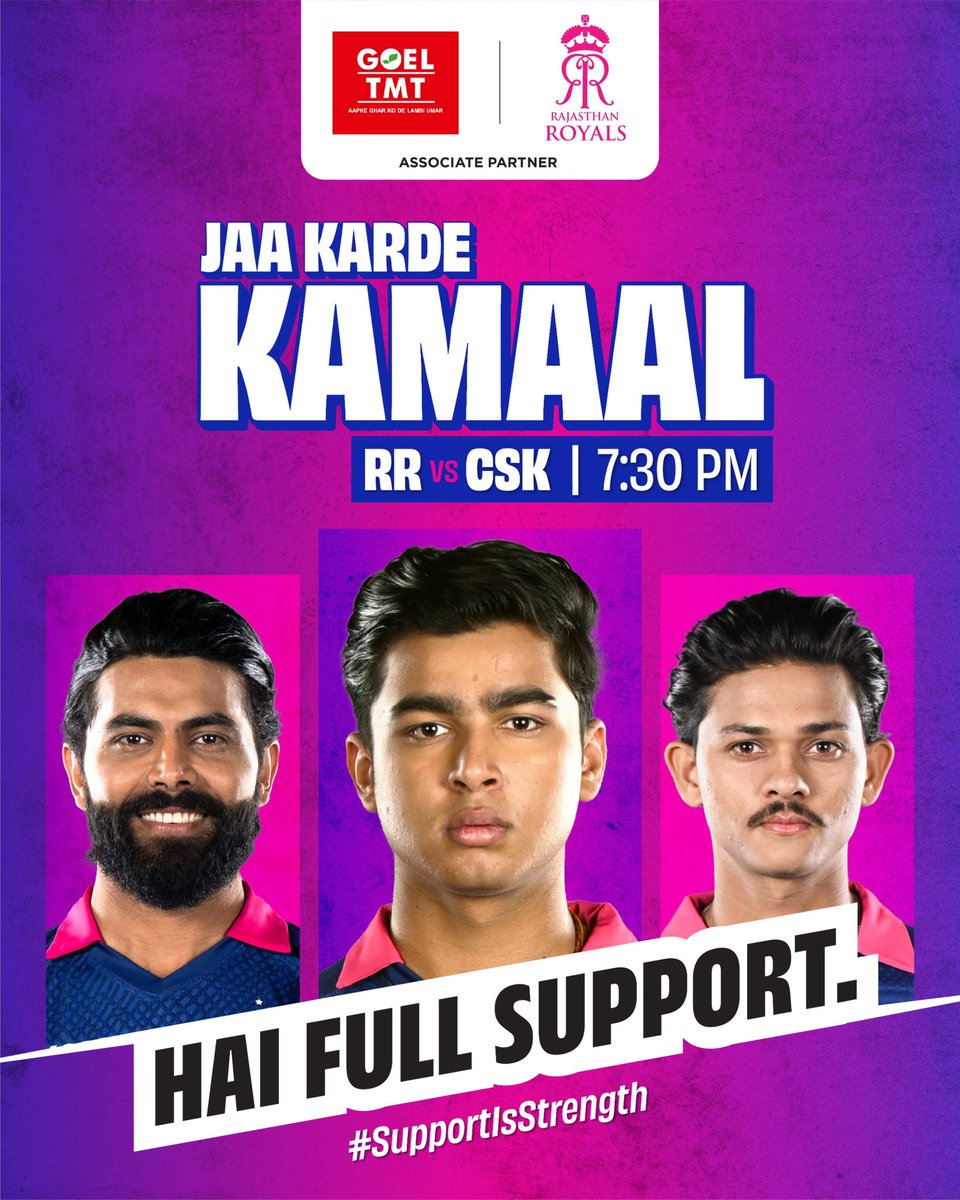 goeltmt's tweet photo. The season begins today.
New energy. New intent.
Same unwavering support.
Standing strong with Rajasthan from ball one.
#SupportIsStrength #goeltmt #rajasthanroyals #haifullsupport #hallabol https://t.co/XjFBAZR4Bm
