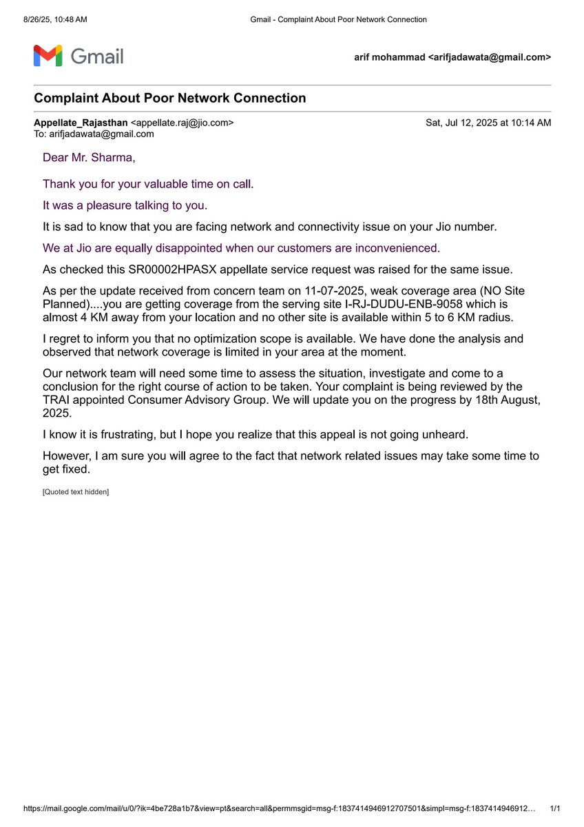 vijendrapingun's tweet photo. I have been registering a network complaint with @JioCare for 5 years with service request number SR00002HPASX which is yet to be resolved Complaints are always closed with an irresponsible response @JioCare @reliancejio @reliancegroup @PMOIndia @JM_Scindia https://t.co/lap73afJzP