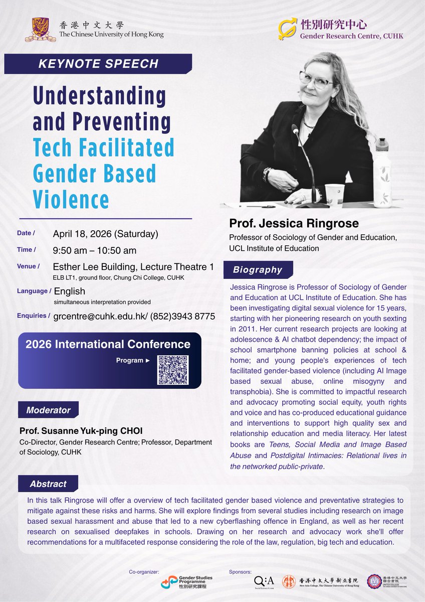 grc_cuhk's tweet photo. Keynote Highlight | International Conference 2026  
We’re excited to introduce our keynote in International Conference 2026
🎤 Prof. Jessica Ringrose (UCL Institute of Education) 🗣️ Understanding and Preventing Tech-Facilitated Gender-Based Violence https://t.co/fK2RKQTFUF