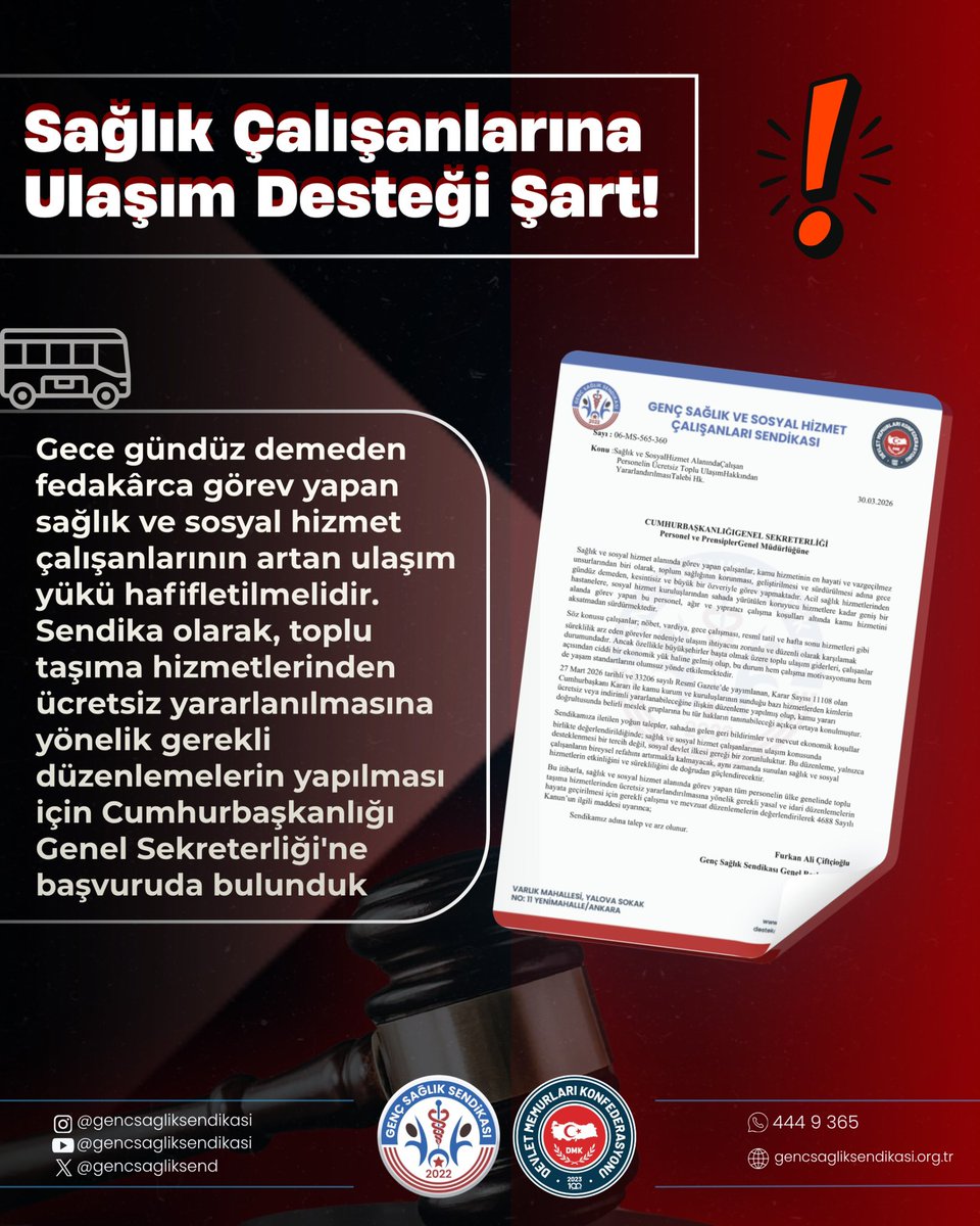 Sağlık Çalışanlarına Ulaşım Desteği Şart!

Gece gündüz demeden fedakârca görev yapan sağlık ve sosyal hizmet çalışanlarının artan ulaşım yükü hafifletilmelidir.

Genç Sağlık Sendikası olarak, toplu taşıma hizmetlerinden ücretsiz yararlanılmasına yönelik gerekli düzenlemelerin