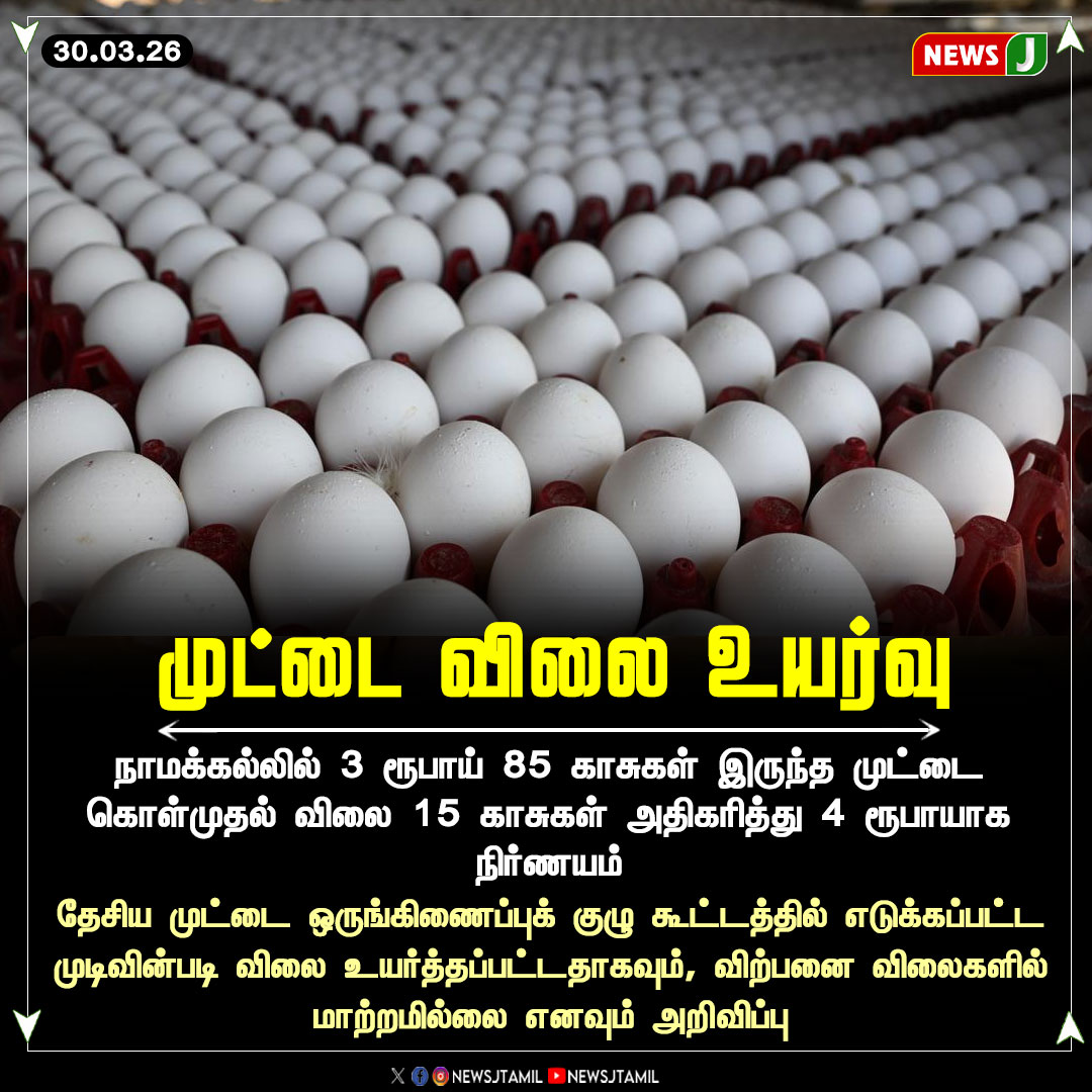 NewsJTamil's tweet photo. #NEWSUPDATE || முட்டை விலை உயர்வு..!
#namakkal #EggPriceHike #EggPriceRise #PriceHike #RisingPrices #CostOfLiving #InflationImpact #EssentialItems #FoodPrices #MarketUpdate #PriceRise #EconomicImpact #PublicConcern #TrendingNow #newsj https://t.co/oqScZT5HPx