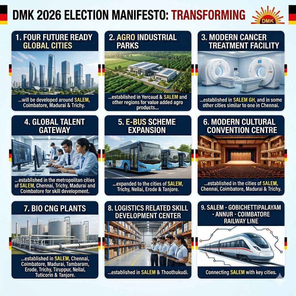 TheSalemNew's tweet image. Compilation of projects announced for Salem in DMK Election Manifesto 2026 by @GeminiApp 👇

Check out the 9 key projects! ➡️

1️⃣ Four Future-Ready Global Cities: developing global cities around #Salem, Coimbatore, Madurai, &amp;amp; Trichy! 🏙️ #UrbanTransformation #SmartCities

2️⃣ Agro