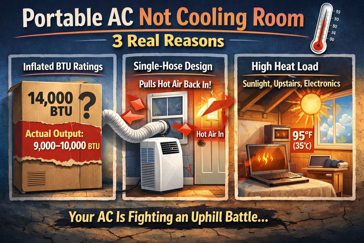 Gasbye_Official's tweet photo. Portable AC not cooling?

BTU is overstated.
Single hose pulls heat back in.
Rooms hold more heat than you think.

“On” ≠ “cool”.

Learn more: https://t.co/z38bdkIV3e

#portableac #summercooling #gasbye https://t.co/VtFCLILeaL