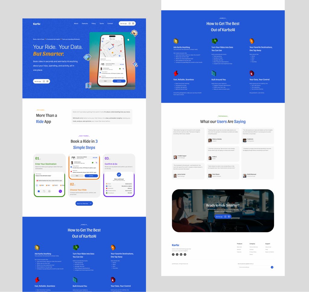 olutimzzy26's tweet image. It’s another new week to be world best💪

POV: Landing page for Karbz, an AI-assisted ride hailing mobile app

#ui #landingpage #website #ai #mobileapp #ridehailing