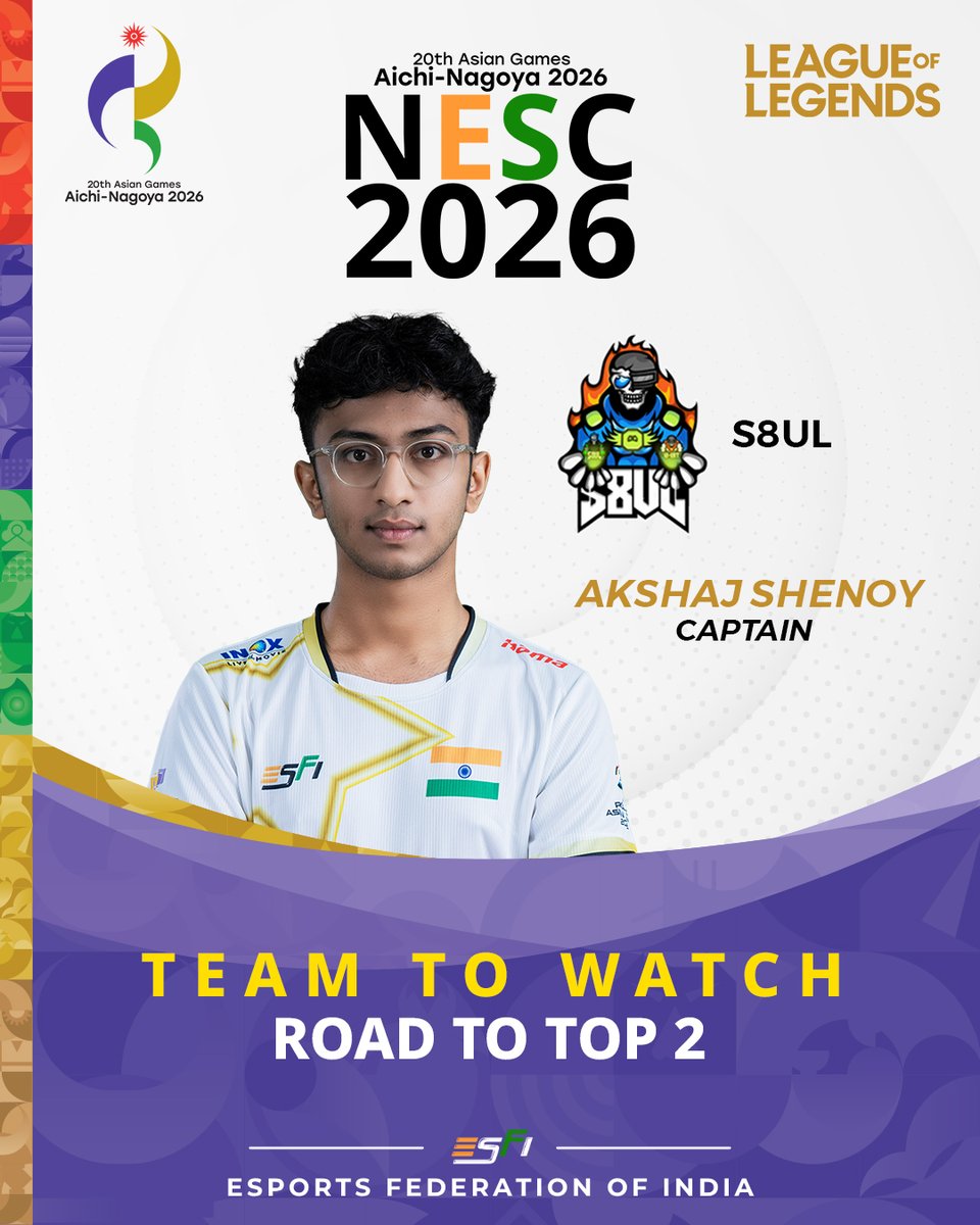 esfindia's tweet photo. 🔥 TEAM TO WATCH 🔥

S8UL enters NESC 2026 with strong expectations ,led by captain Akshaj Shenoy

💬 Can S8UL secure a Top 2 finish?
Drop your predictions below.

#TeamToWatch #NESC2026 #RoadToTop2 #RoadToAsianGames #AsianGames2026 #EsportsIndia #IndianEsports #TeamIndiaEsports https://t.co/UdBvFocVmT