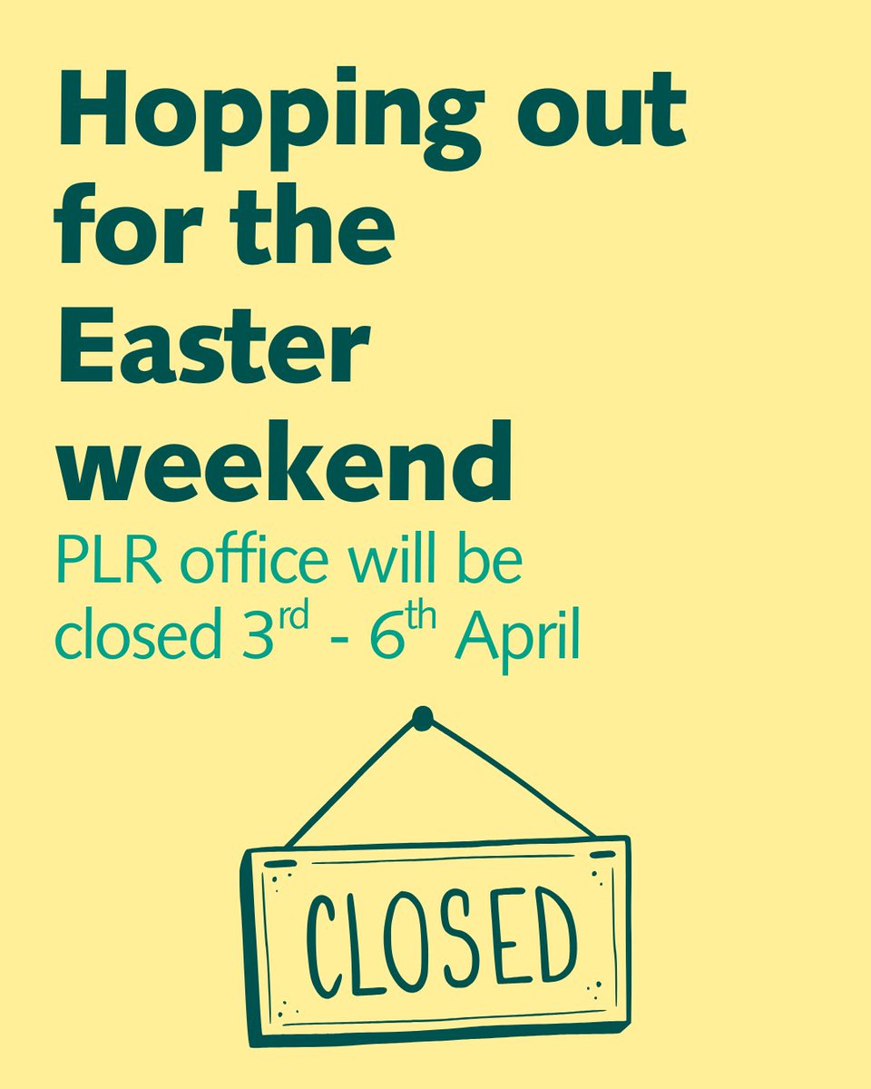 PLR_UK's tweet photo. We’re hopping out for the long Easter weekend. Our office is closed 3rd – 6th April. The bank holiday is the perfect time to register all new titles (print, eBook and audio) well before the 30th June deadline.  Wishing you a wonderful Easter break from all of us at PLR! https://t.co/2aiL0XaVdn