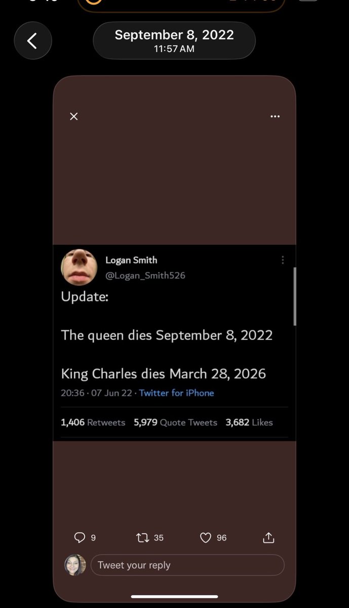 Wide awake deleting old stuff from my phone at almost 4 am. 
Came across this prediction from <a href="/Logan_Smith526/">Logan Smith</a> back in 2022 when he was making predictions. Funny I find it a few days after the King Charles predicted death date. And now there’s nothing on that account.