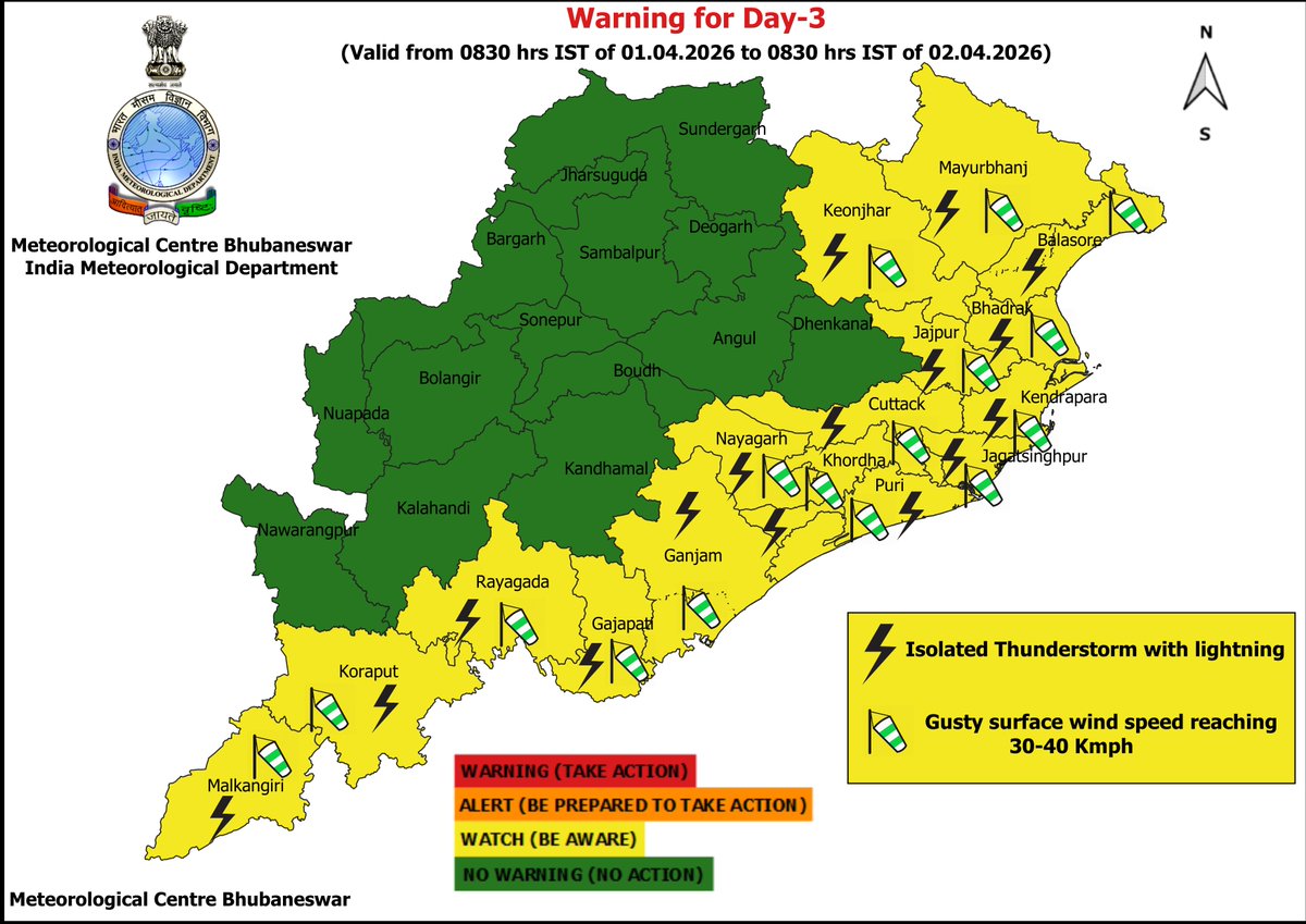 mcbbsr's tweet image. Warning for the State.
Day-1, Day-3 to Day-5 : Isolated Thunderstorm, Lightning &amp;amp; Gusty Wind Warning.
Day-2 : Isolated Hailstorm, Thunderstorm, Lightning &amp;amp; Gusty Wind Warning.
Day-6 &amp;amp; Day-7 : No Warning.
#Thunder #lightning #Warning #Odisha #odishaweather #WeatherUpdate