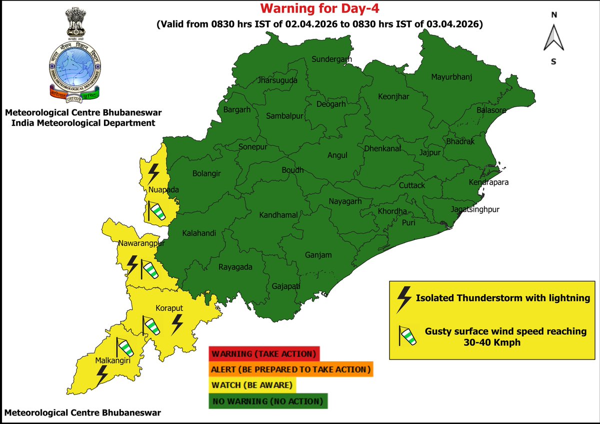 mcbbsr's tweet image. Warning for the State.
Day-1, Day-3 to Day-5 : Isolated Thunderstorm, Lightning &amp;amp; Gusty Wind Warning.
Day-2 : Isolated Hailstorm, Thunderstorm, Lightning &amp;amp; Gusty Wind Warning.
Day-6 &amp;amp; Day-7 : No Warning.
#Thunder #lightning #Warning #Odisha #odishaweather #WeatherUpdate