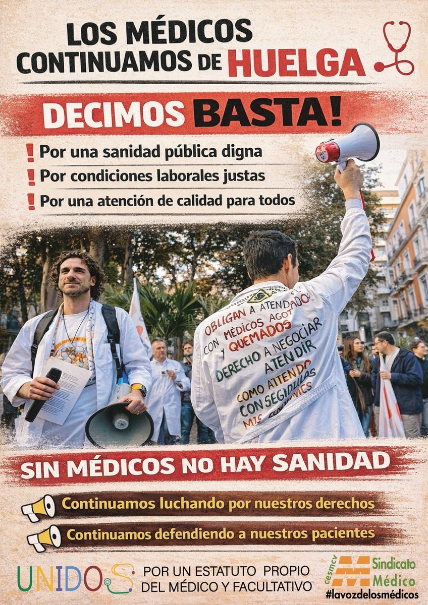 🧑🏼‍⚕️👨🏻‍⚕️Los médicos continuamos de HUELGA ‼️
✅ Por una sanidad pública digna
✅ Por condiciones laborales justas 
✅ Por una atención de calidad para todos 
⚠️SIN MÉDICOS NO HAY SANIDAD
🗣️La huelga continúa.
🥼Nuestra voz no la callan.
#CESM #MédicosEnLucha #unidos
<a href="/cesm_sindicatos/">CESM</a>