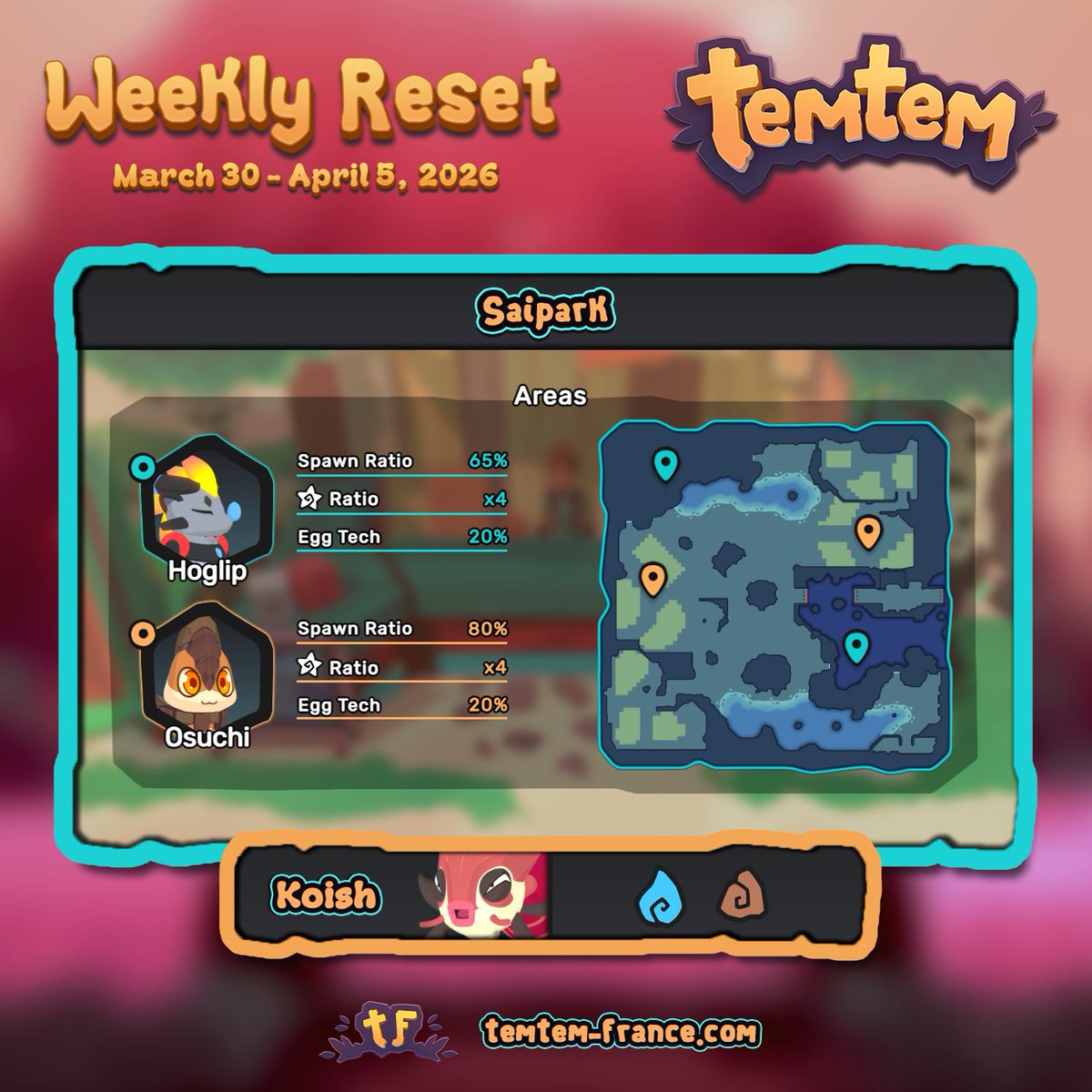 TemtemFrance's tweet photo. Cette semaine sur Temtem 🦔💪 Configuration du 30 mars jusqu'au 5 avril 2026.
-
This week in Temtem 🦔💪 This configuration will run from March 30th to April 5th, 2026.

👉 https://t.co/HLRMlf2g6I https://t.co/BLbF9kG3yx