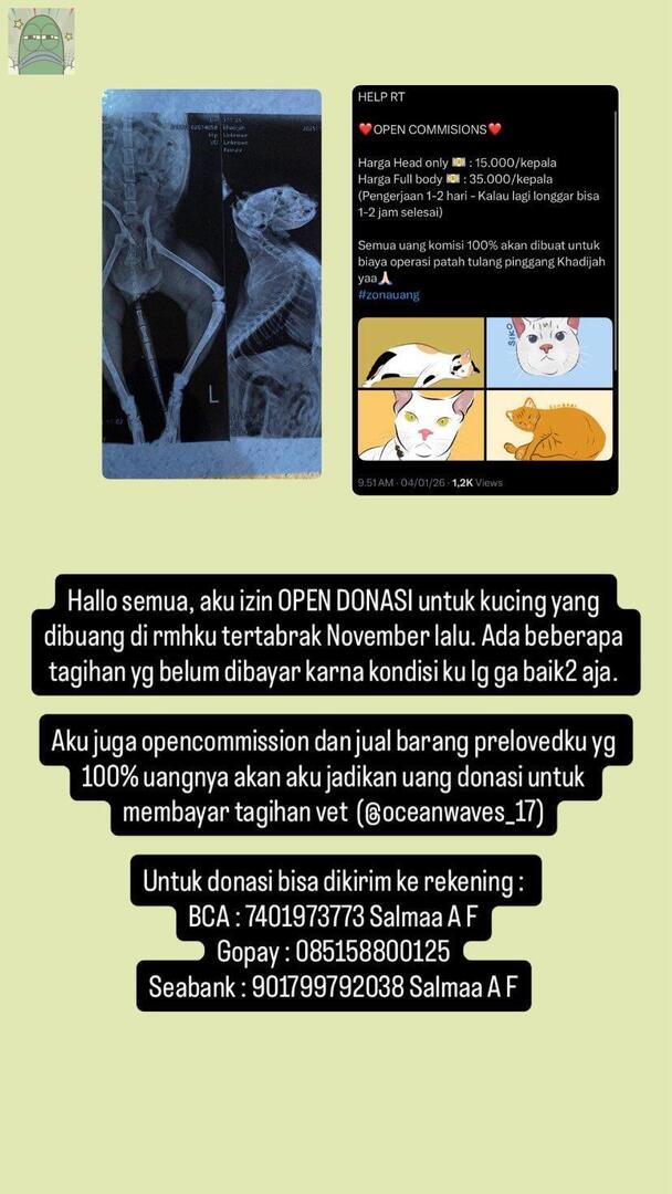 💚 hallo aku berniat untuk membuka kembali open donasi untuk kucingku yg tertabrak sehingga sampai di operasi 2 jahitan. Aku open commissions kecil2an juga yg 100% uangnya akan dijadikan dana tagihan operasi yang belum dibayar (oceanwaves17)