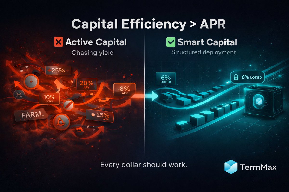 TermMaxFi's tweet photo. 1/
DeFi loves talking about APR.
But almost nobody talks about the metric that actually determines whether you make money:
Capital efficiency.
Here’s why it matters more than yield 🧵👇 https://t.co/kKZ09Yqfmd