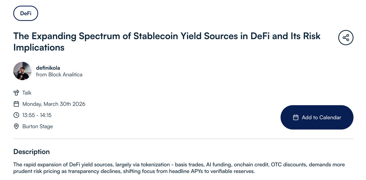 definikola's tweet photo. Burton Stage at @EthCC. Today at 13:55h.

Tackling the wave of offchain yields from a risk perspective + how to expand the onchain ones.

See you there, fellow comrades. https://t.co/3Dd9f5D60j