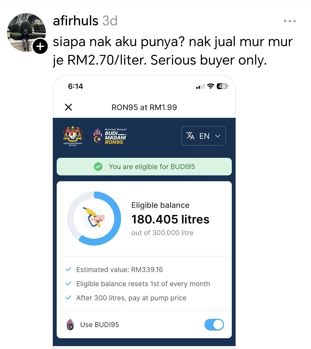 Mohon <a href="/Armizanofficial/">Armizan Mohd Ali</a> <a href="/FuziahSalleh99/">Fuziah Salleh</a> <a href="/KPDN_HQ/">KPDN</a>  kenakan hukuman pada pengguna thread ini sebab jual kuota subsidi dia pada awam.

Link: threads.com/@afirhuls/post…