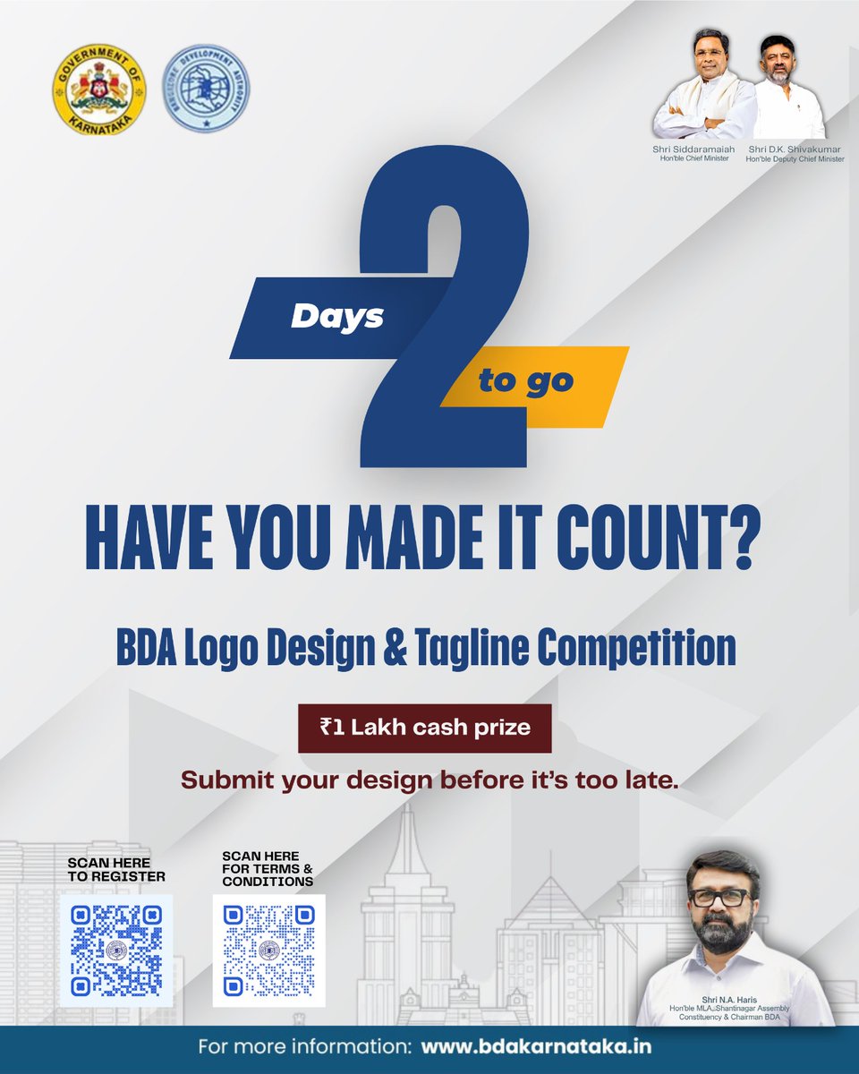 BDAOfficialGok's tweet image. ಬಿಡಿಎ ಆಯೋಜಿಸಿರುವ ಲೋಗೋ ಸ್ಪರ್ಧೆಗೆ ನಿಮ್ಮ ವಿನ್ಯಾಸ ಸಲ್ಲಿಸಲು ಇನ್ನೂ ಎರಡೇ ದಿನ ಬಾಕಿ! 

ನಾಳೆ ರಾತ್ರಿಯೊಳಗೆ (31 ಮಾರ್ಚ್ 2026) ನಿಮ್ಮ ಡಿಸೈನ್ ಸಲ್ಲಿಸಿ. ಒಂದು ಲಕ್ಷ ಬಹುಮಾನ ಗೆಲ್ಲಿ!

@Captain_Mani72  @mlanaharis 
#BDA #BDALogo #Logocontest #Bengaluru