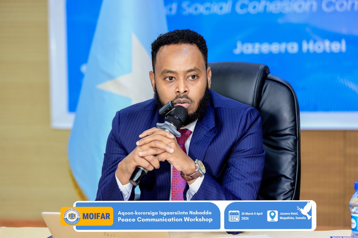 MoIFARSomalia's tweet photo. “We must ensure that Somalia’s digital future does not become one that divides society, but rather a foundation for building unity, stability, and inclusive progress.”

Abdulkadir Elmi Ali, Director General of the Ministry of Interior, Federal Affairs and Reconciliation

#MoIFARPeaceCommunication
#PeaceInAction