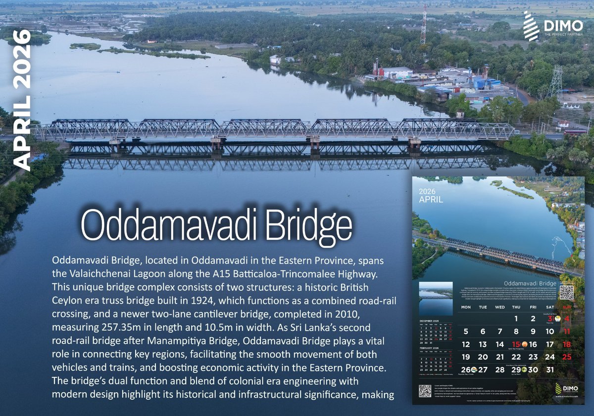 dimosrilanka's tweet image. April Spotlight Oddamavadi Bridge connects heritage with modern engineering, strengthening regional connectivity in Sri Lanka’s Eastern Province.

Explore more: dimolanka.com/dimo-calendar-…

#DIMO #BridgesOfSriLanka #EngineeringExcellence #NationalDevelopment #SriLanka