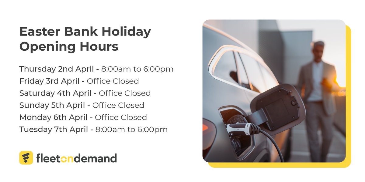 fleetondemand's tweet photo. Here are our opening hours for the Easter bank holiday weekend. 🐰

📅 Thu 2nd April – 8:00am to 6:00pm
📅 Fri 3rd to Mon 6th April – Office Closed
📅 Tuesday 7th April – 8:00am to 6:00pm

We'd like to wish everyone a relaxing Easter break! ☀️

#VehicleRentalManagement https://t.co/mi6nCxm8Yi