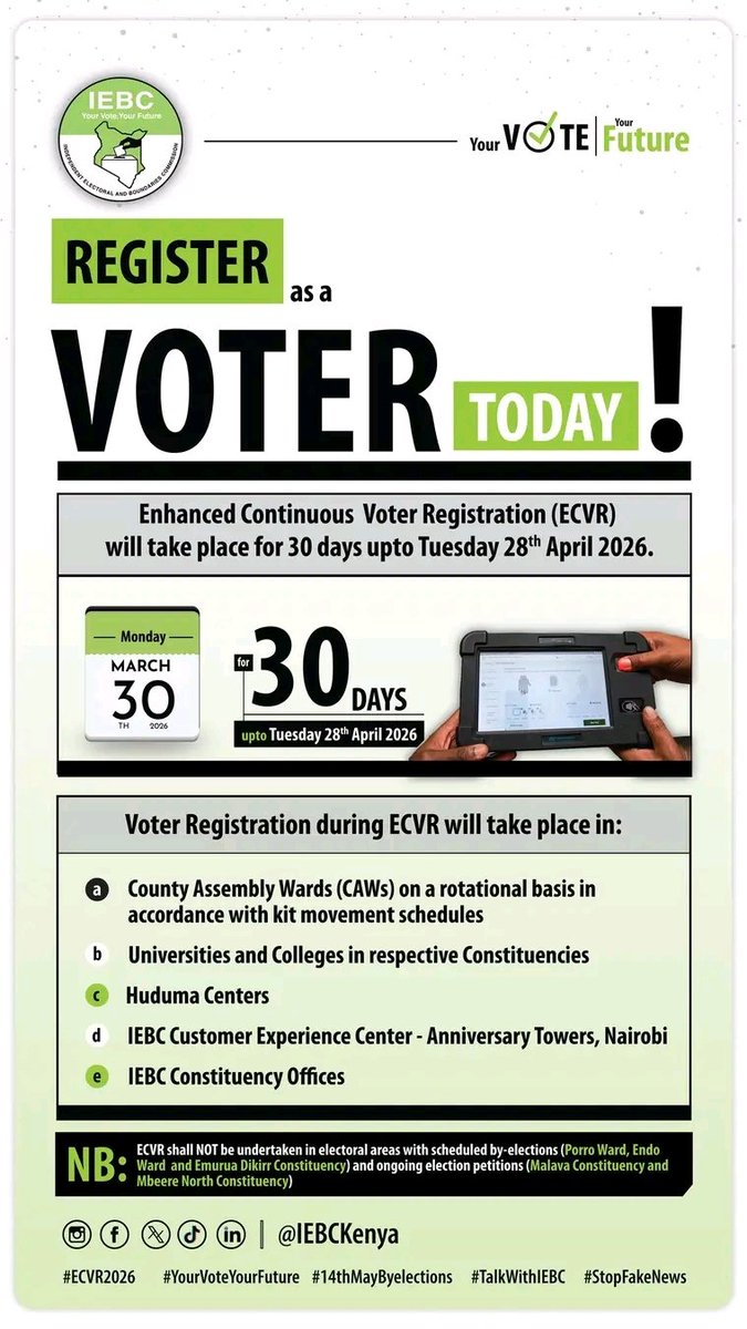 UHAKINAUSAWAOR1's tweet photo. Mbiu ya mgambo ikiliwa jua kuna jambo!

Wakenya,usajili wa kura mashinani umezinduliwa rasmi kuanzia leo tarehe 30th March mpaka tarehe 28th April 2026.

Ikiwa umefikisha umri wa miaka 18 na zaidi na uko na Kitambulisho au passport basi tembelea kituo kilicho karibu ujisajili. https://t.co/hu60Tec7eE